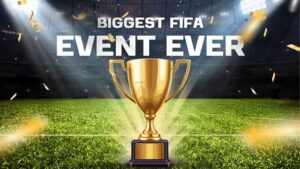 Promotional graphic of a golden trophy on a football stadium pitch with dramatic lights and confetti, featuring the text “Biggest FIFA Event Ever,” highlighting anticipation around the FIFA World Cup 2026 start date.
